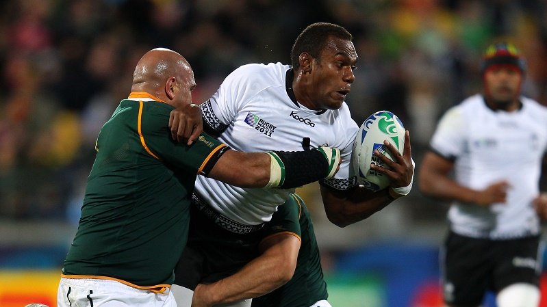LEONE NAKARAWA OF FIJI IS TACKLED IN A MATCH AGAINST SOUTH AFRICA DURING THE 2011 RUGBY WORLD CUP. PHOTO / GETTY
