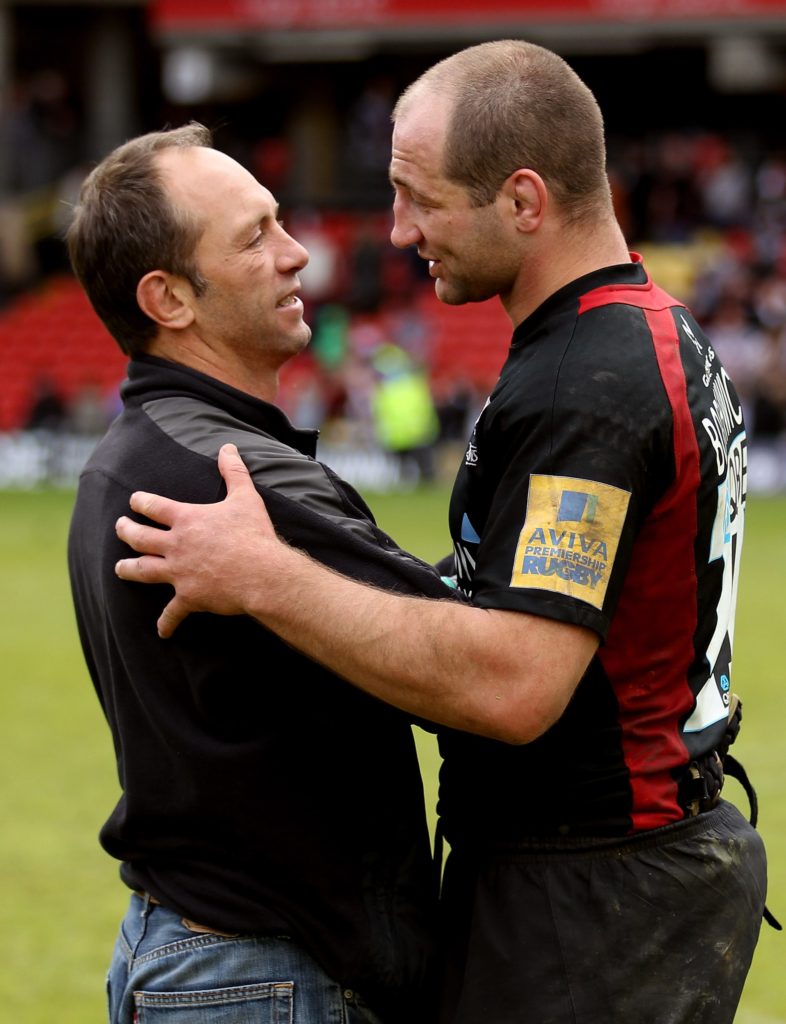 Brendan Venter and Steve Borthwick of Saracens shake hands