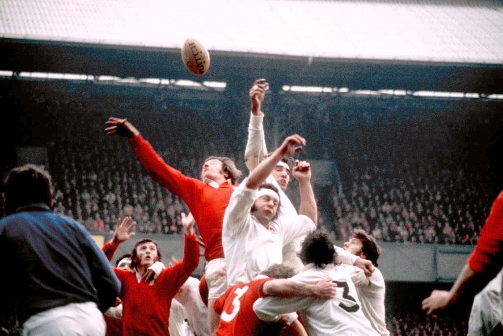 Bill Beaumont leaps at a line-out for England against Wales