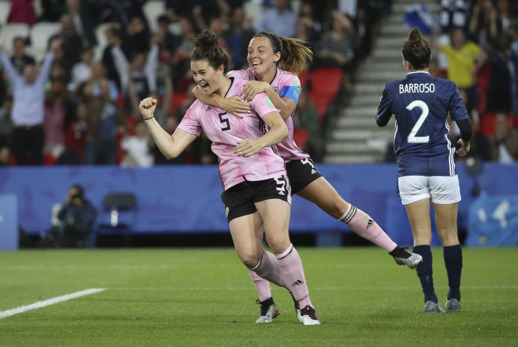 Jenny Beattie celebrates scoring a goal for Scotland with Rachel Corsie