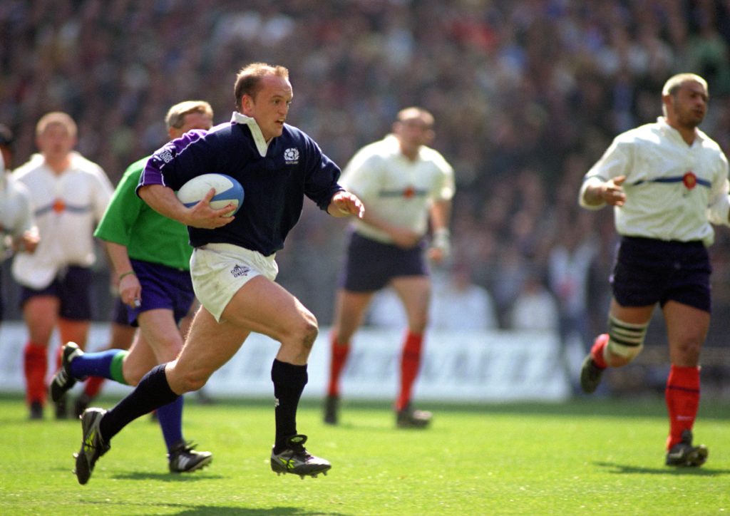 Gregor Townsend races clear to score a try for Scotland against France in 1999