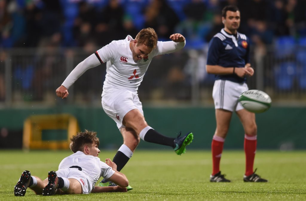 Max Malins takes a kick for England Under-20s