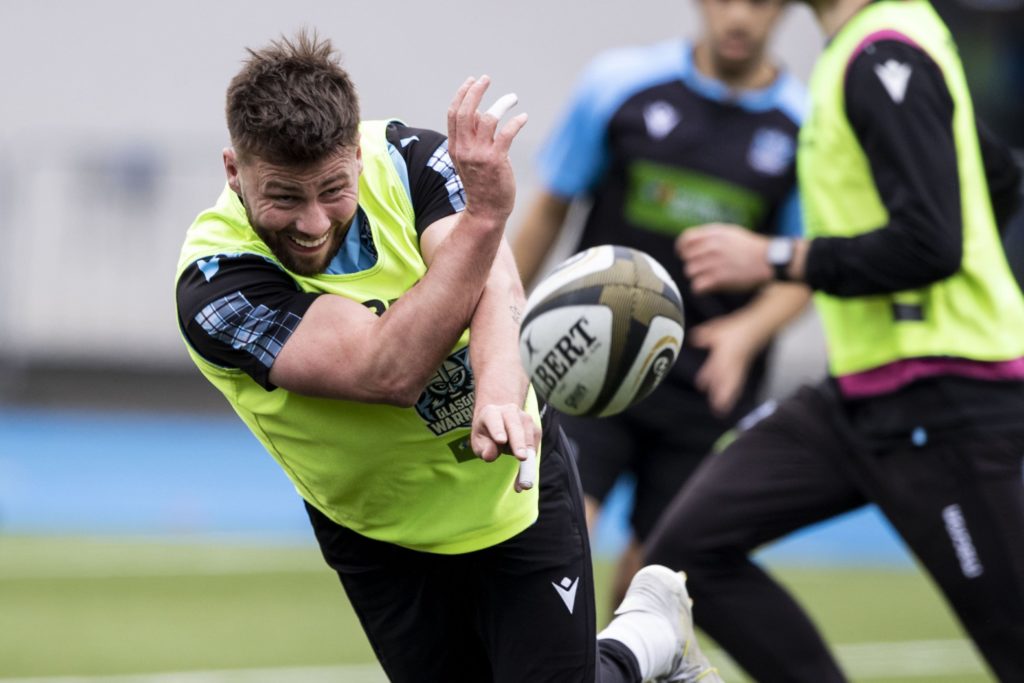 Ali Price makes a pass during a Glasgow Warriors training session