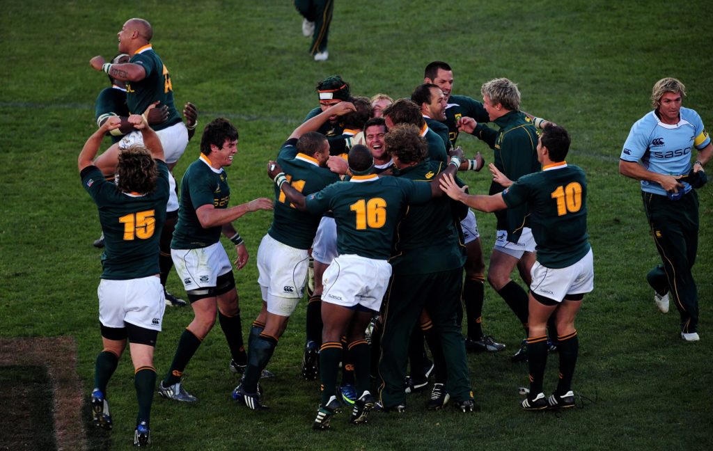 Springboks players celebrate beating the British and Irish Lions in the second Test in 2009