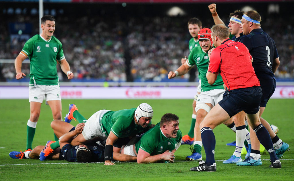 Ireland prop Tadhg Furlong scores a try against Scotland