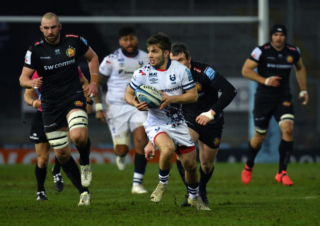 Harry Randall of Bristol Bears makes a break against Exeter Chiefs