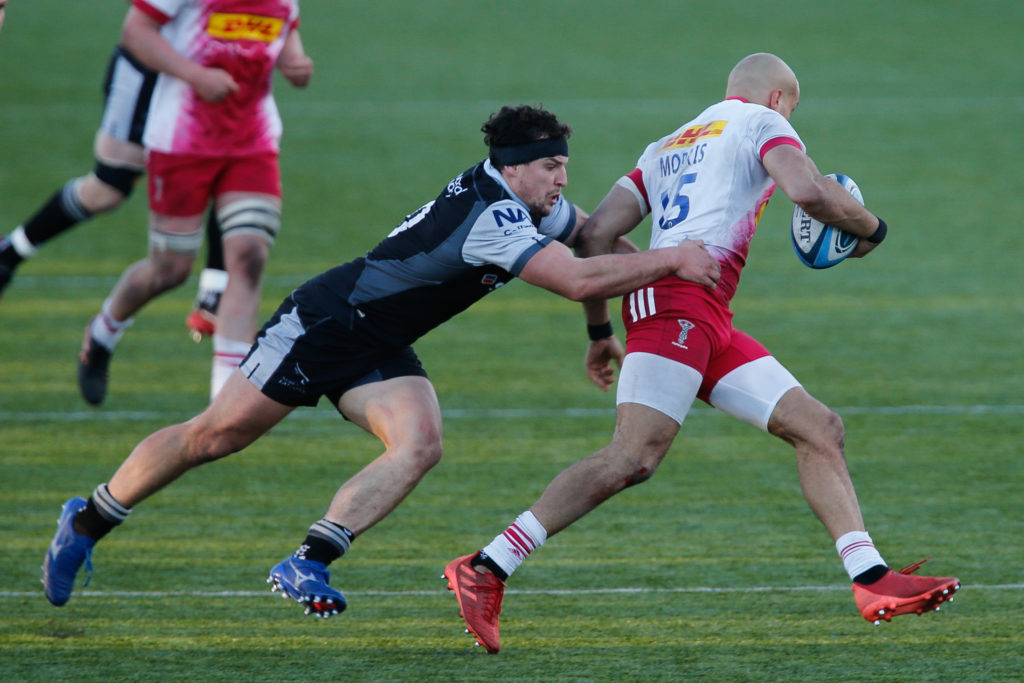 Newcastle Falcons' John Hardie tackles <a href=