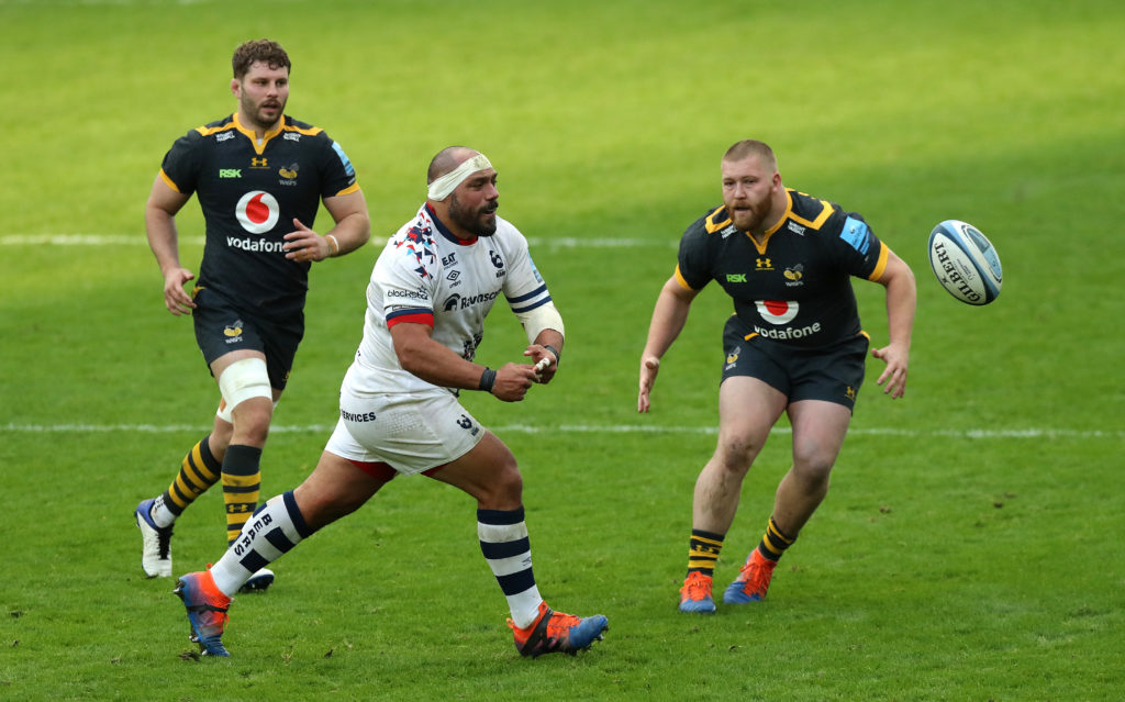 John Afoa of Bristol Bears passes the ball against Wasps