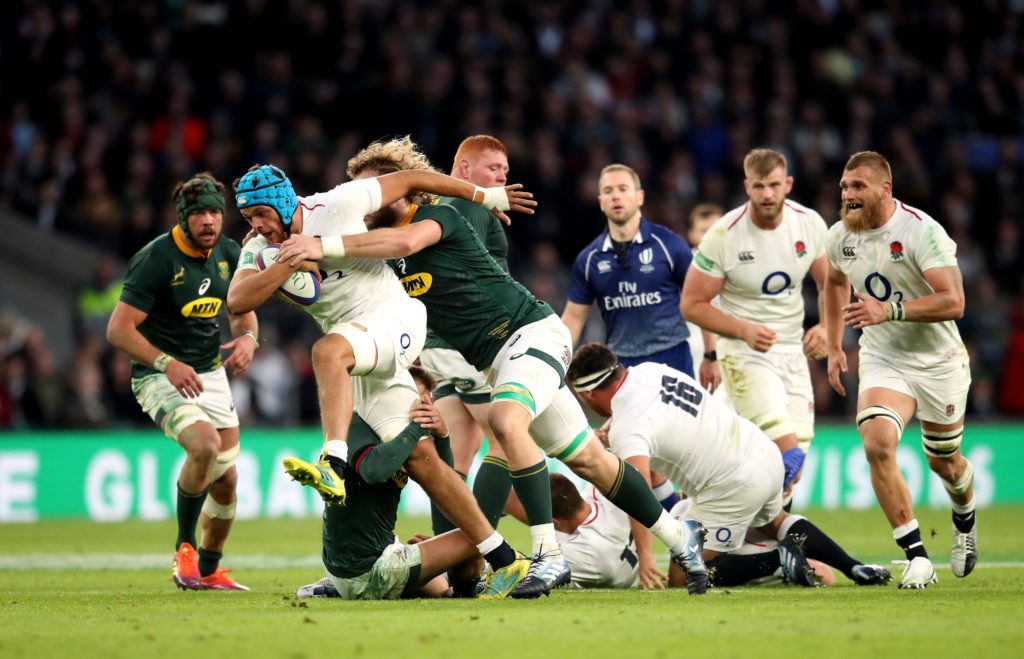 Zach Mercer carries ball for England against South Africa