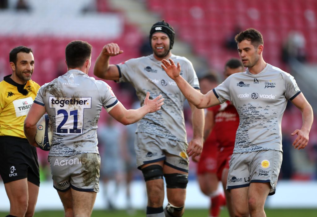 Raffi Quirke celebrates scoring a try for Sale Sharks against Scarlets